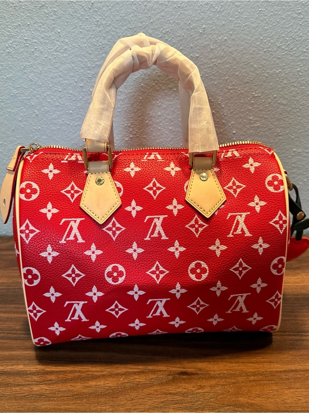 INSPIRED Red Monogram Satchel with Pouch Size 25 P9 - Picture 3 of 16